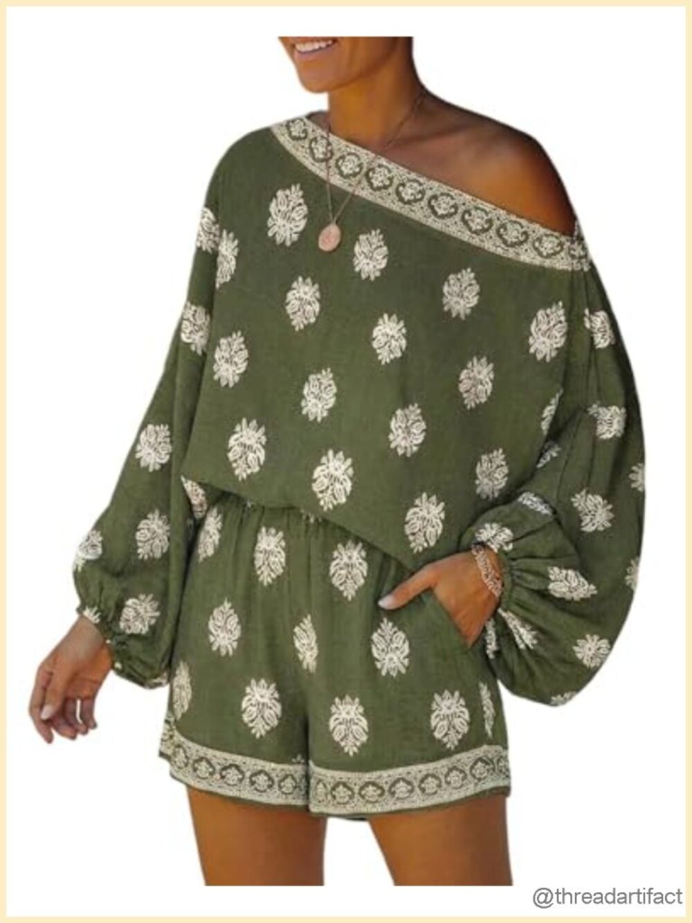 2 Piece Linen Set Lantern Sleeve Top and Shorts Boho Outfit